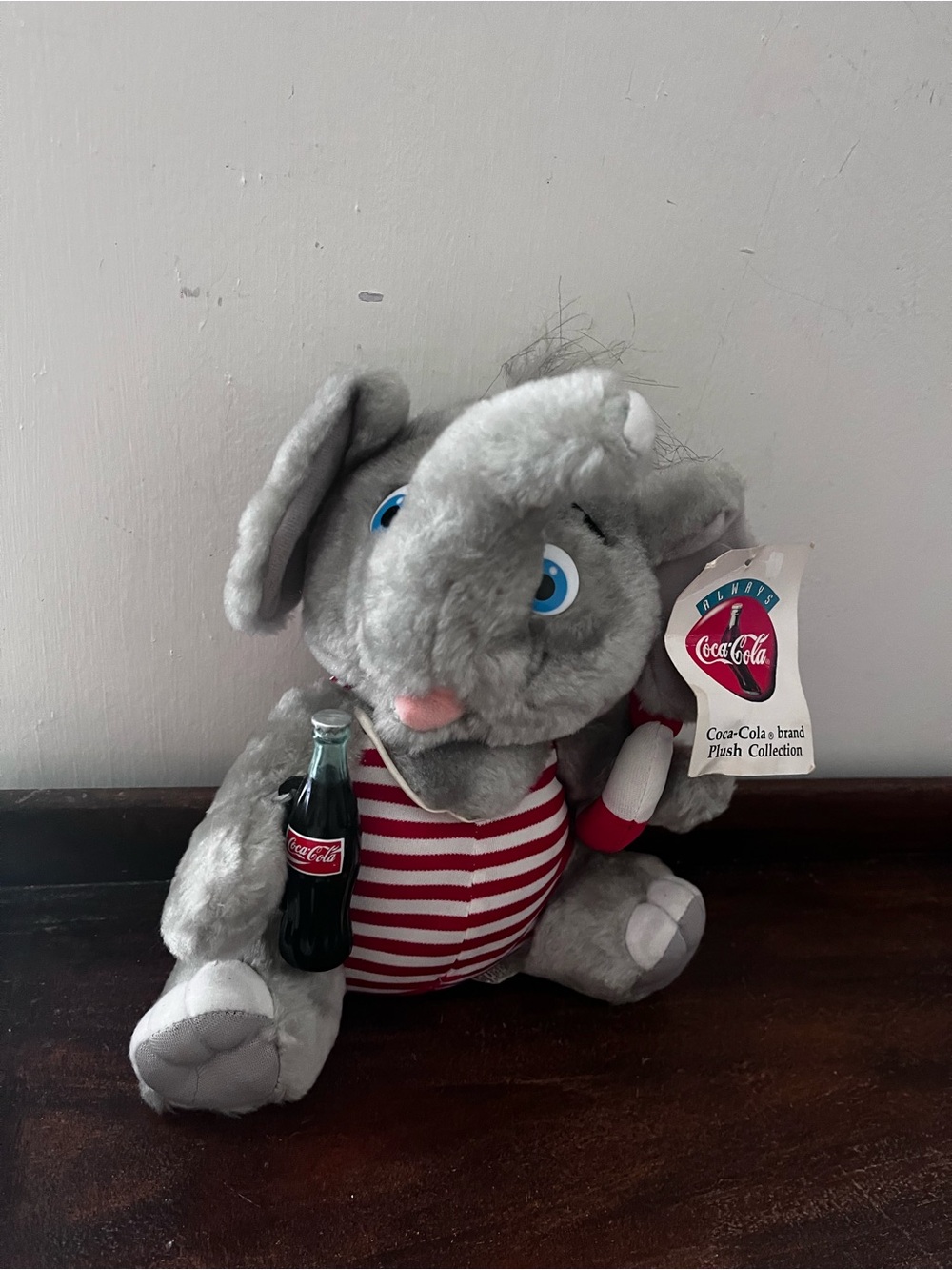 Vintage 1993 Coca Cola Plush Grey Elephant Toy with Red Striped Shirt w Tag